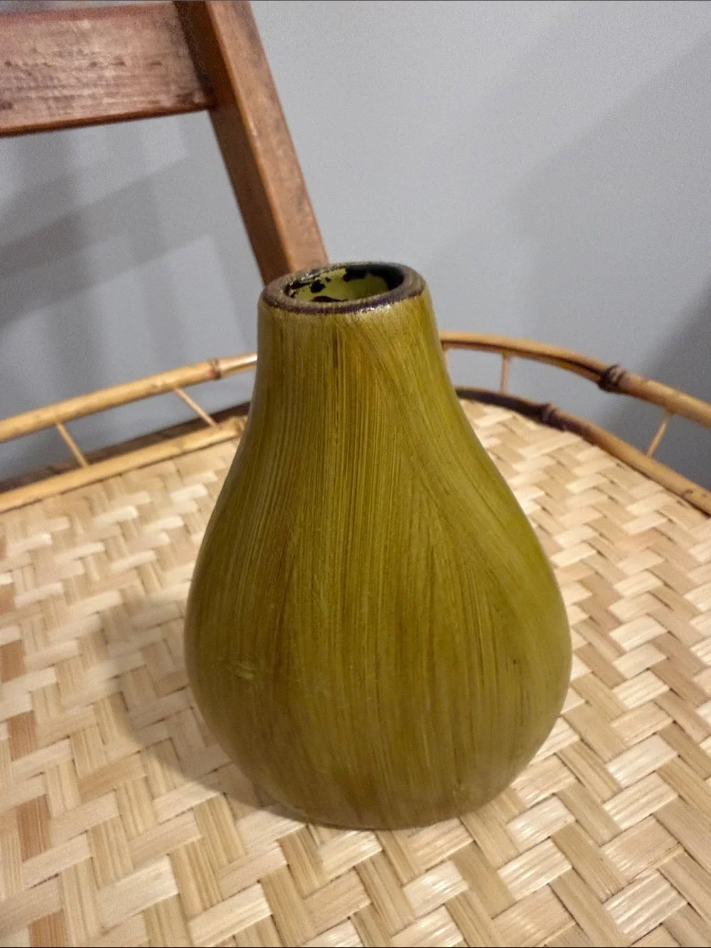 Vintage Faux Wood Grain Ceramic Vase Set Brown & Olive Green Gold Floral Boho MC
